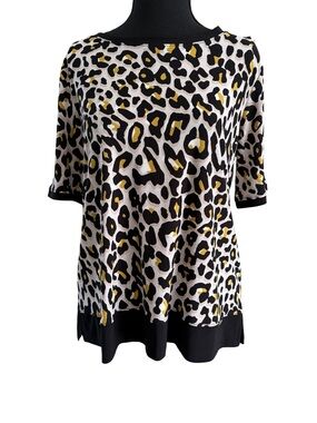 Anne Klein Leopard Print Short Sleeve Tunic - Black, White, Yellow